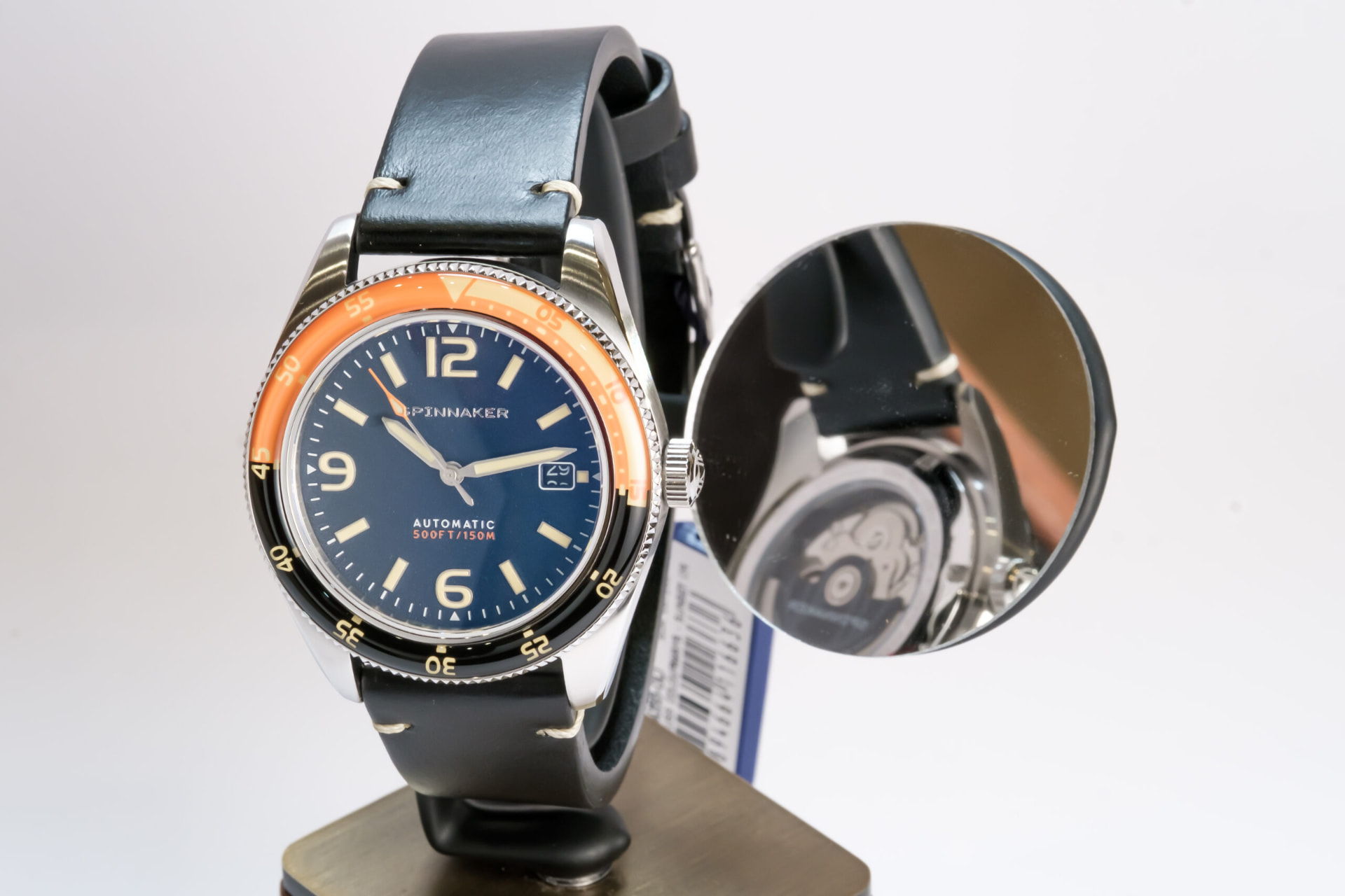 Orologio automatico Spinnaker con ghiera arancione e cinturino in pelle blu